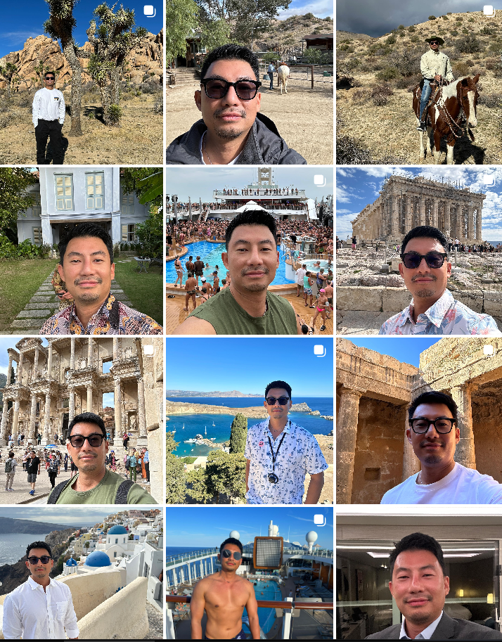 P044 照片443张 视频5个 台湾 中年男士，人物的气质对身份可塑性不错，有海外的较多标志性背景素材。健身、旅行、居家、宠物都有，自拍照也多，比较全面，但无自拍视频。